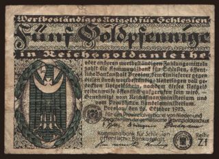 Breslau/ Provinzialverband von Nieder- u. Oberschlesien. 5 Goldpfennig, 1923