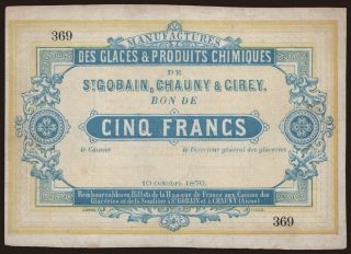 Saint Gobain/ Manufactures des Glaces, 5 francs, 1870