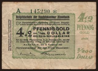 Mannheim/ Handelskammer, 4.2 Pfennig Gold, 1923