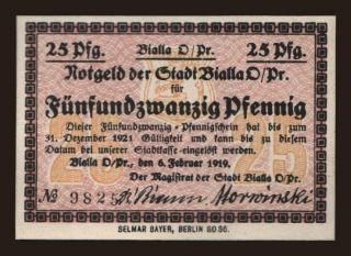 Bialla (Biala Piszka), 25 Pfennig, 1919