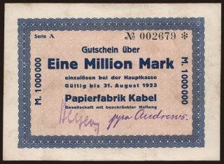 Kabel/ Papierfabrik Kabel G.m.b.H., 1.000.000 Mark, 1923