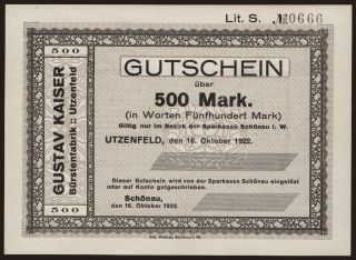Utzenfeld/ Gustav Kaiser, 500 Mark, 1922