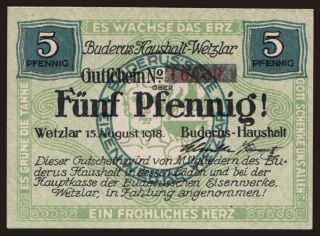 Wetzlar/ Buderus-Haushalt, 5 Pfennig, 1918