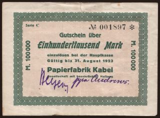 Kabel/ Papierfabrik Kabel G.m.b.H., 100.000 Mark, 1923