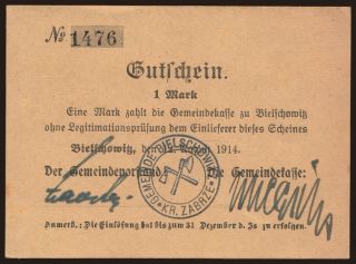 Bielschowitz (Ruda Śląska)/ Gemeindekasse, 1 Mark, 1914