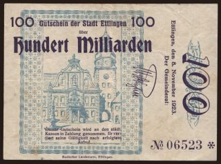Ettlingen/ Stadt, 100.000.000.000 Mark, 1923