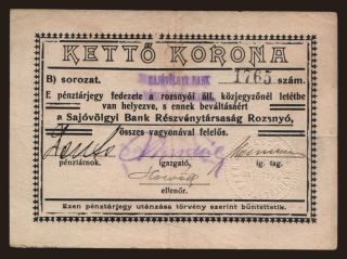 Rozsnyó/ Sajóvölgyi Bank R-T., 2 korona, 1919