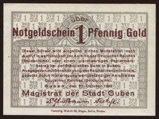 Guben/ Stadt, 1 Pfennig Gold, 1923