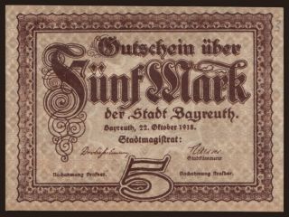 Bayreuth/ Stadt, 5 Mark, 1918