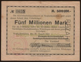 Neuhaldensleben/ Kleinbahn Gardelegen-Neuhaldensleben-Weferlingen, 5.000.000 Mark, 1923