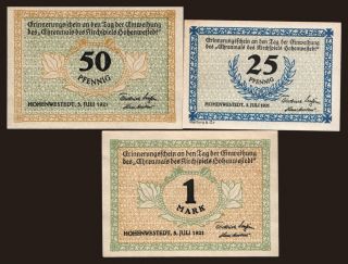 Hohenwestedt, 3x 25 Pfennig - 1 Mark, 1921
