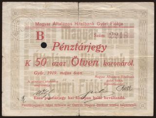 Győr/ Magyar Általános Hitelbank, 50 korona, 1919