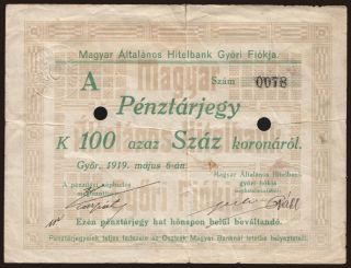 Győr/ Magyar Általános Hitelbank, 100 korona, 1919