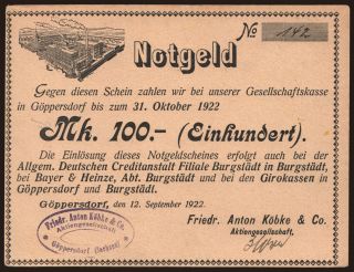 Göppersdorf/ Friedr. Anton Köbke & Co. AG, 100 Mark, 1922