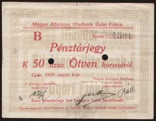 Győr/ Magyar Általános Hitelbank, 50 korona, 1919