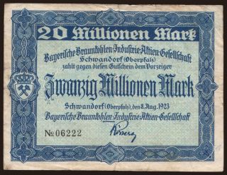 Schwandorf/ Bayerische Braunkohlen-Industrie A.G., 20.000.000 Mark, 1923