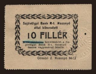 Rozsnyó/ Rožňava Sajóvölgyi Bank R-T., 10 fillér, 1919
