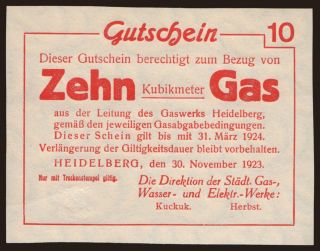 Heidelberg/ Städt. Gas- Wasser- u. E-Werke, 10 cbm gas, 1923