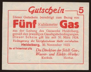 Heidelberg/ Städt. Gas- Wasser- u. E-Werke, 5 cbm gas, 1923