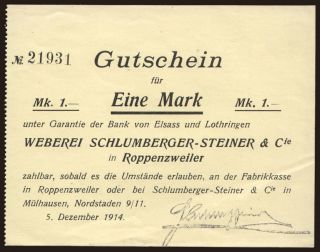 Roppenzweiler/ Weberei Schlumberger-Steiner & Cie., 1 Mark, 1914