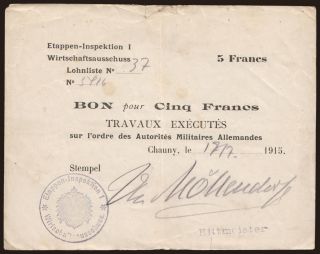 Etappen-Inspektion I, 5 francs, 1915