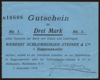 Roppenzweiler/ Weberei Schlumberger-Steiner & Cie., 3 Mark, 1914