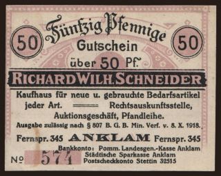 Anklam/ Richard Wilh. Schneider, Kaufhaus, 50 Pfennig, 1920