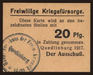 Quedlinburg/ Ausschuss der Freiwilligen Kriegsfürsorge, 20 Pfennig, 1917