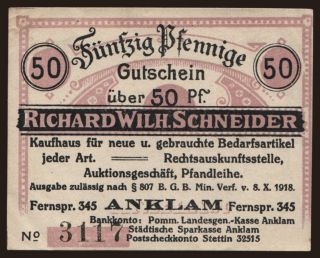 Anklam/ Richard Wilh. Schneider, Kaufhaus, 50 pfennig,  1920