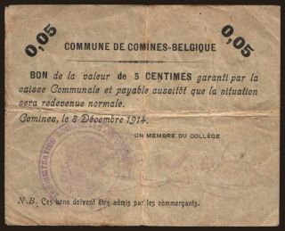 Comines, 5 centimes, 1914