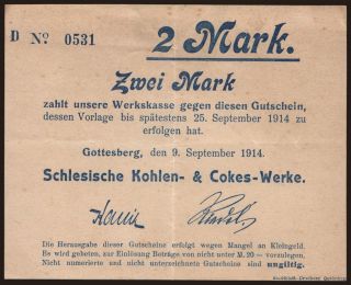 Gottesberg/ Schlesische Kohlen- & Cokes-Werke, 2 Mark, 1914