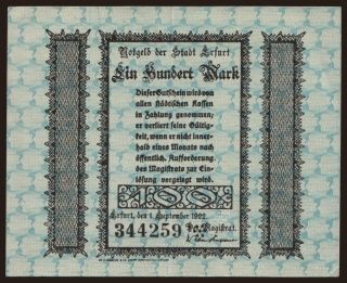 Erfurt/ Stadt, 100 Mark, 1922