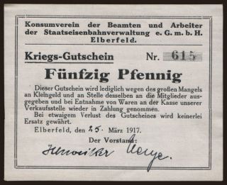 Elberfeld/ Konsumverein der Beamten und Arbeiter der Staatseisenbahnverwaltung, 50 Pfennig, 1917