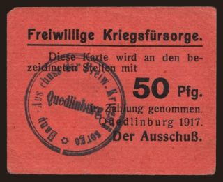 Quedlinburg/ Ausschuss der Freiwilligen Kriegsfürsorge, 50 Pfennig, 1917