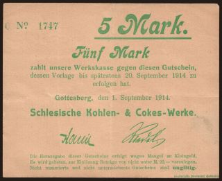 Gottesberg/ Schlesische Kohlen- & Cokes-Werke, 5 Mark, 1914