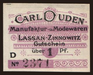 Lassan/ Carl Duden, Manufaktur- u. Modewaren, 1 Pfennig, 1920