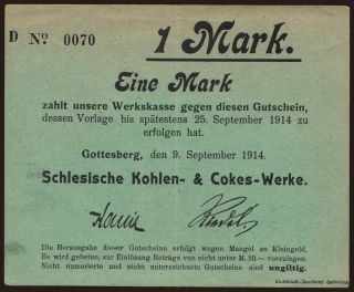 Gottesberg/ Schlesische Kohlen- & Cokes-Werke, 1 Mark, 1914