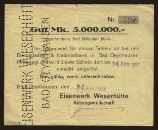 Bad Oeynhausen/ Eisenwerk Weserhütte A.G., 5.000.000 Mark, 1923