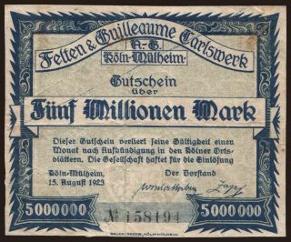 Köln-Mülheim/ Felten & Guilleaume Carlswerk A.G., 5.000.000 Mark, 1923