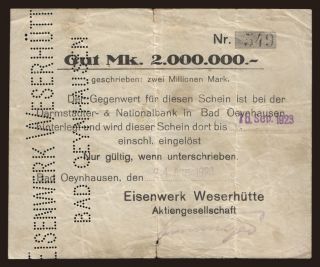 Bad Oeynhausen/ Eisenwerk Weserhütte A.G., 2.000.000 Mark, 1923