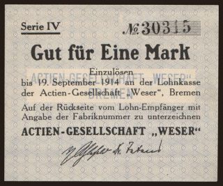 Bremen/ Actien-Gesellschaft Weser, 1 Mark, 1914