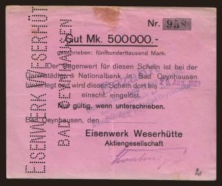Bad Oeynhausen/ Eisenwerk Weserhütte A.G., 500.000 Mark, 1923