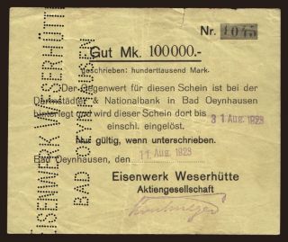 Bad Oeynhausen/ Eisenwerk Weserhütte A.G., 100.000 Mark, 1923