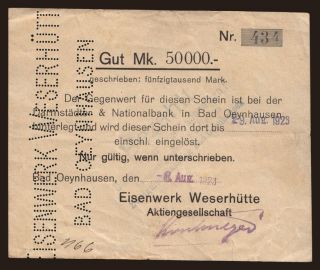Bad Oeynhausen/ Eisenwerk Weserhütte A.G., 50.000 Mark, 1923