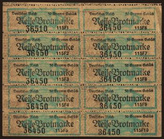Deutsches Reich, Reise-Brotmarke, 10x 50 Gramm