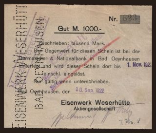 Bad Oeynhausen/ Eisenwerk Weserhütte A.G., 1000 Mark, 1922