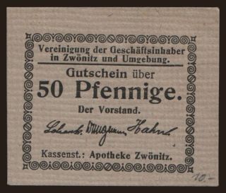 Zwönitz/ Apotheke Zwönitz, 50 Pfennig, 1918