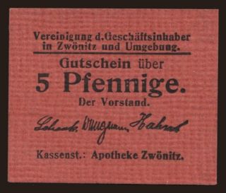 Zwönitz/ Apotheke Zwönitz, 5 Pfennig, 1918