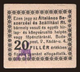 Budapest/ Általános Beszerzési és Szállítási RT., 20 fillér, 191?