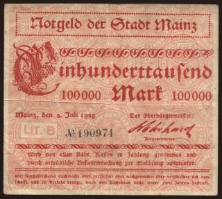 Mainz/ Stadt, 100.000 Mark, 1923
